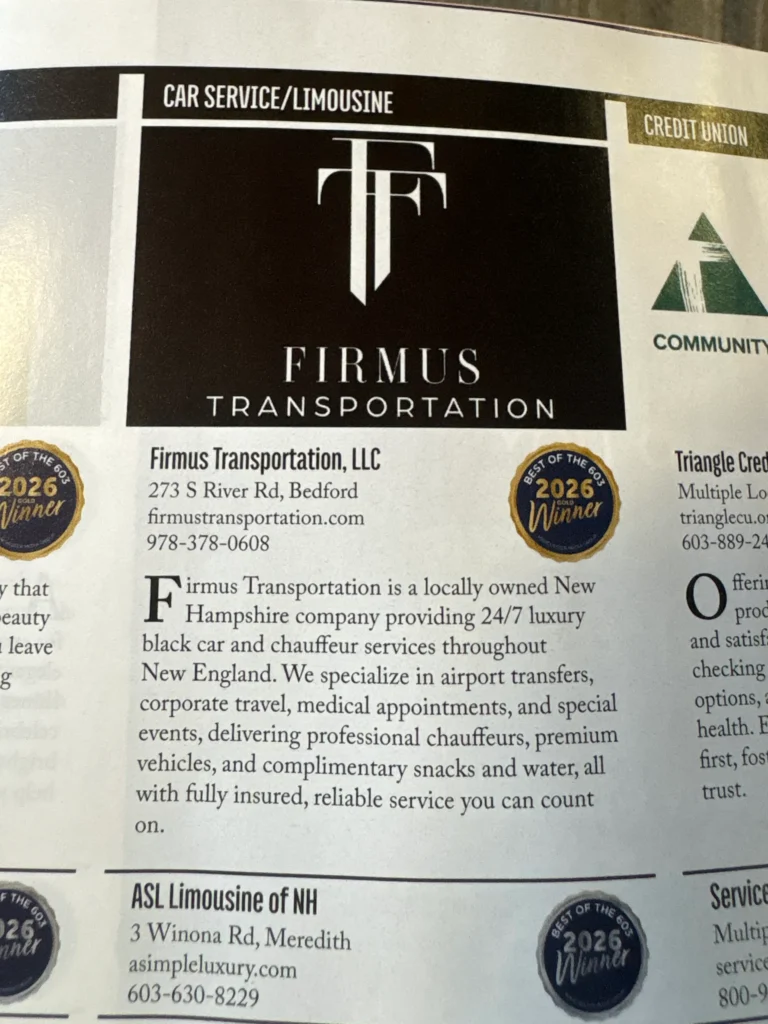 Firmus Transportation featured as a 2026 Best of 603 Car Service/Limousine Gold Winner